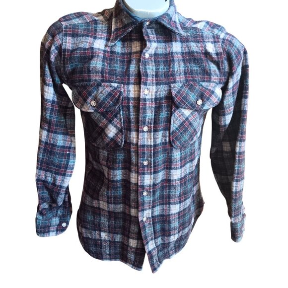 Small Vintage Plaid WoolFlannel Shirt Quilted Collar Lining 1970's Lumberjack - Picture 2 of 6